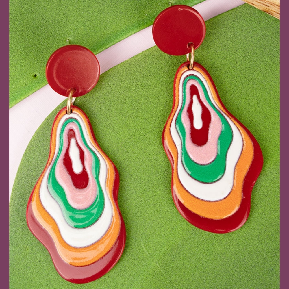 Trippie psychedelic multi color acetate Plastic surrealistic earrings - Picture 2 of 10